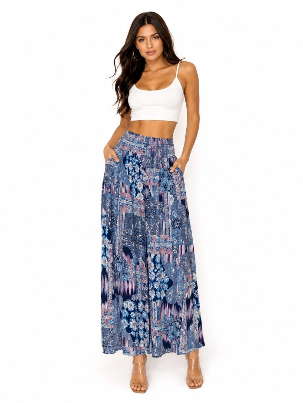 Blue Boho Floral Wide Leg Capris with Smocked Waist